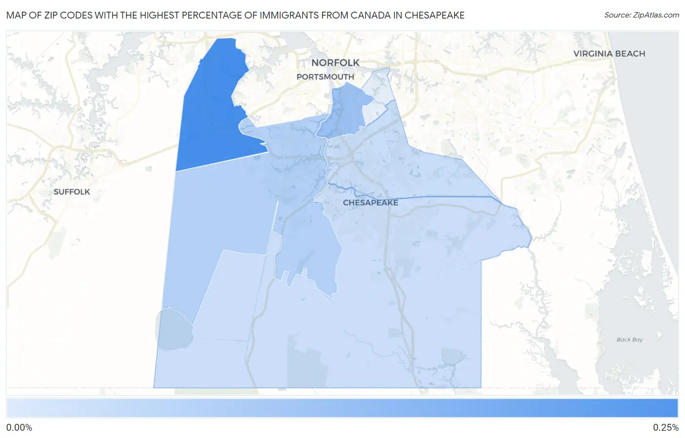 Zip Codes with the Highest Percentage of Immigrants from Canada in Chesapeake Map