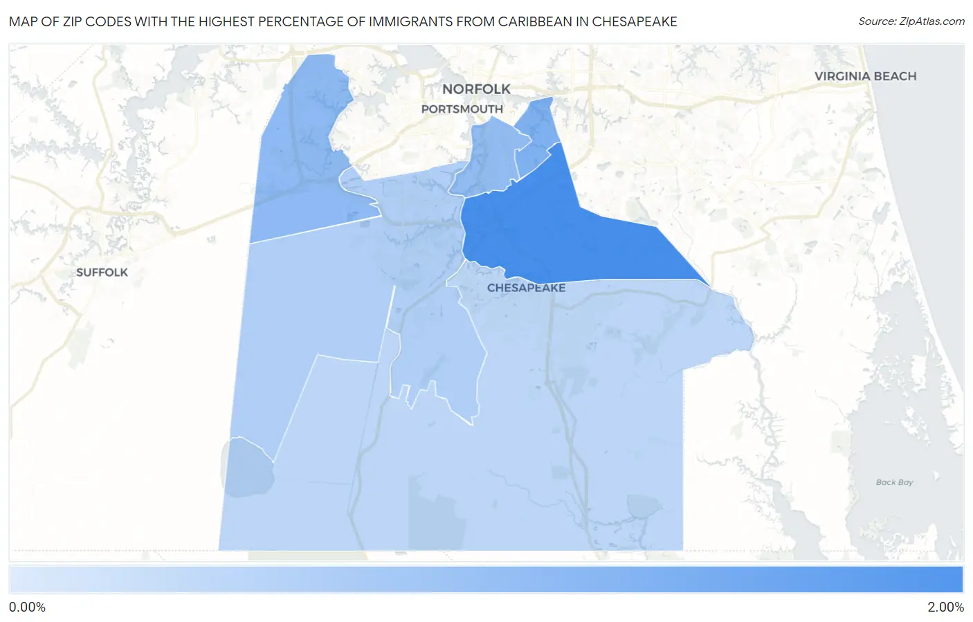Zip Codes with the Highest Percentage of Immigrants from Caribbean in Chesapeake Map