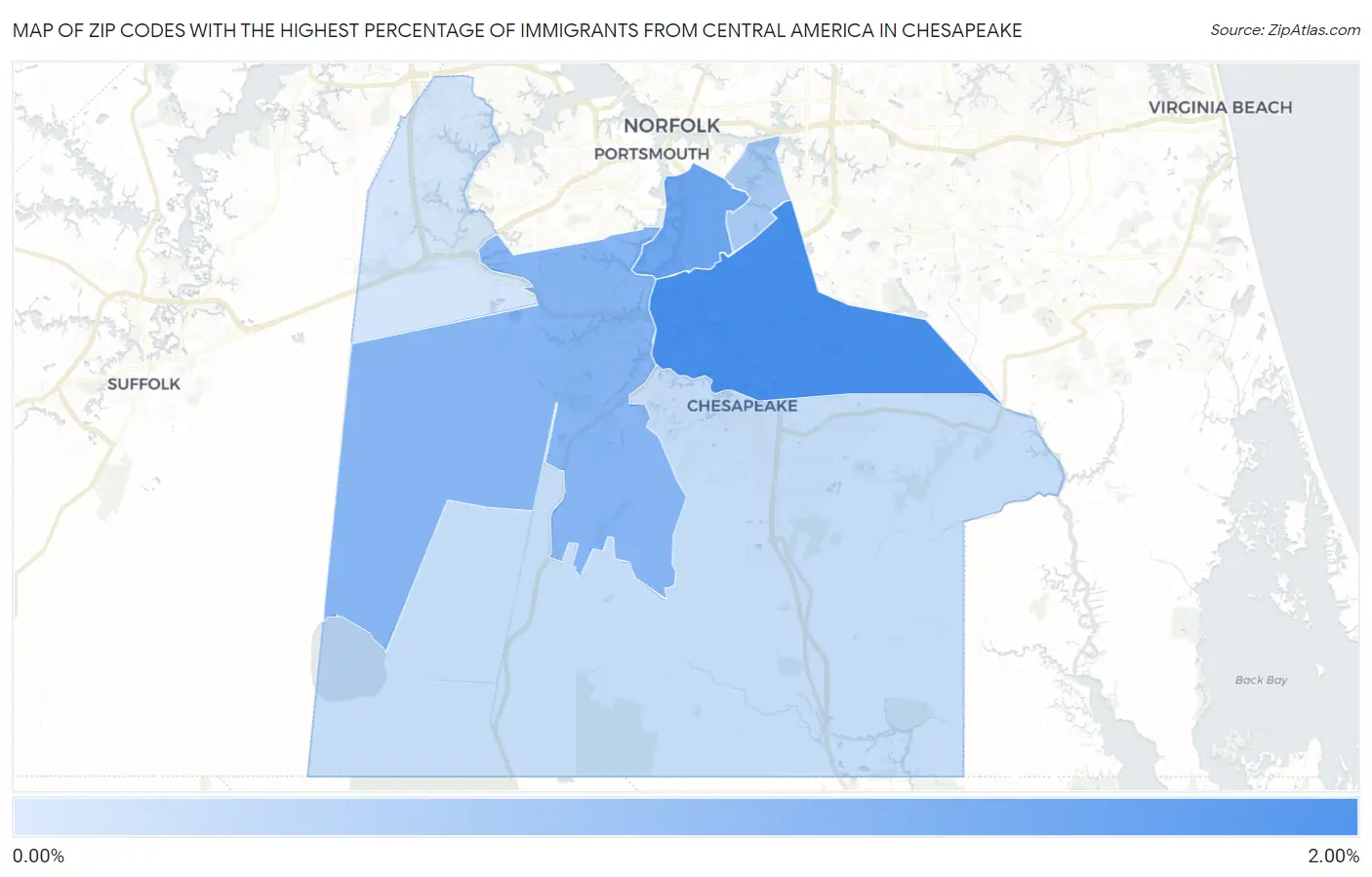 Zip Codes with the Highest Percentage of Immigrants from Central America in Chesapeake Map