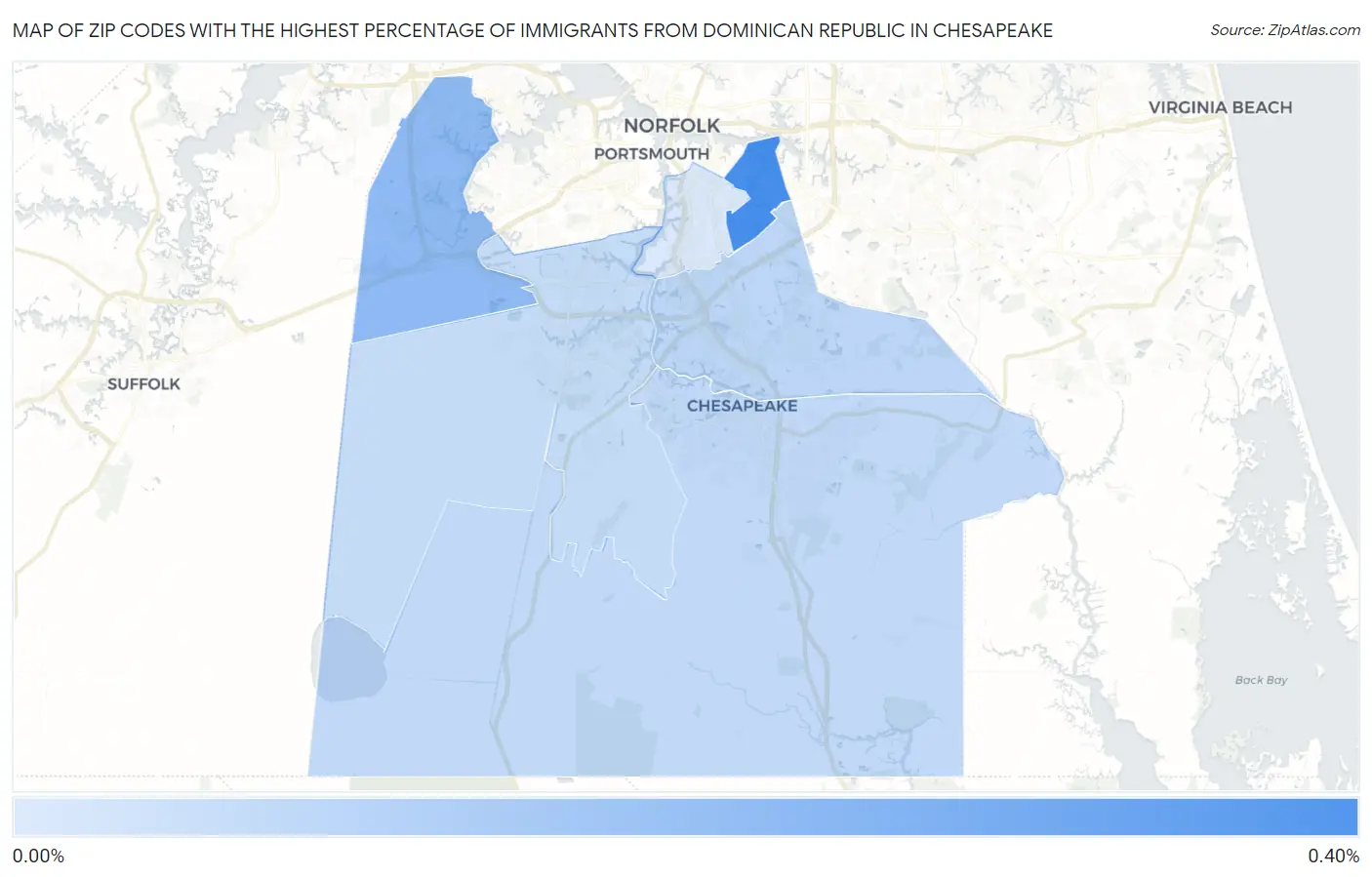 Zip Codes with the Highest Percentage of Immigrants from Dominican Republic in Chesapeake Map