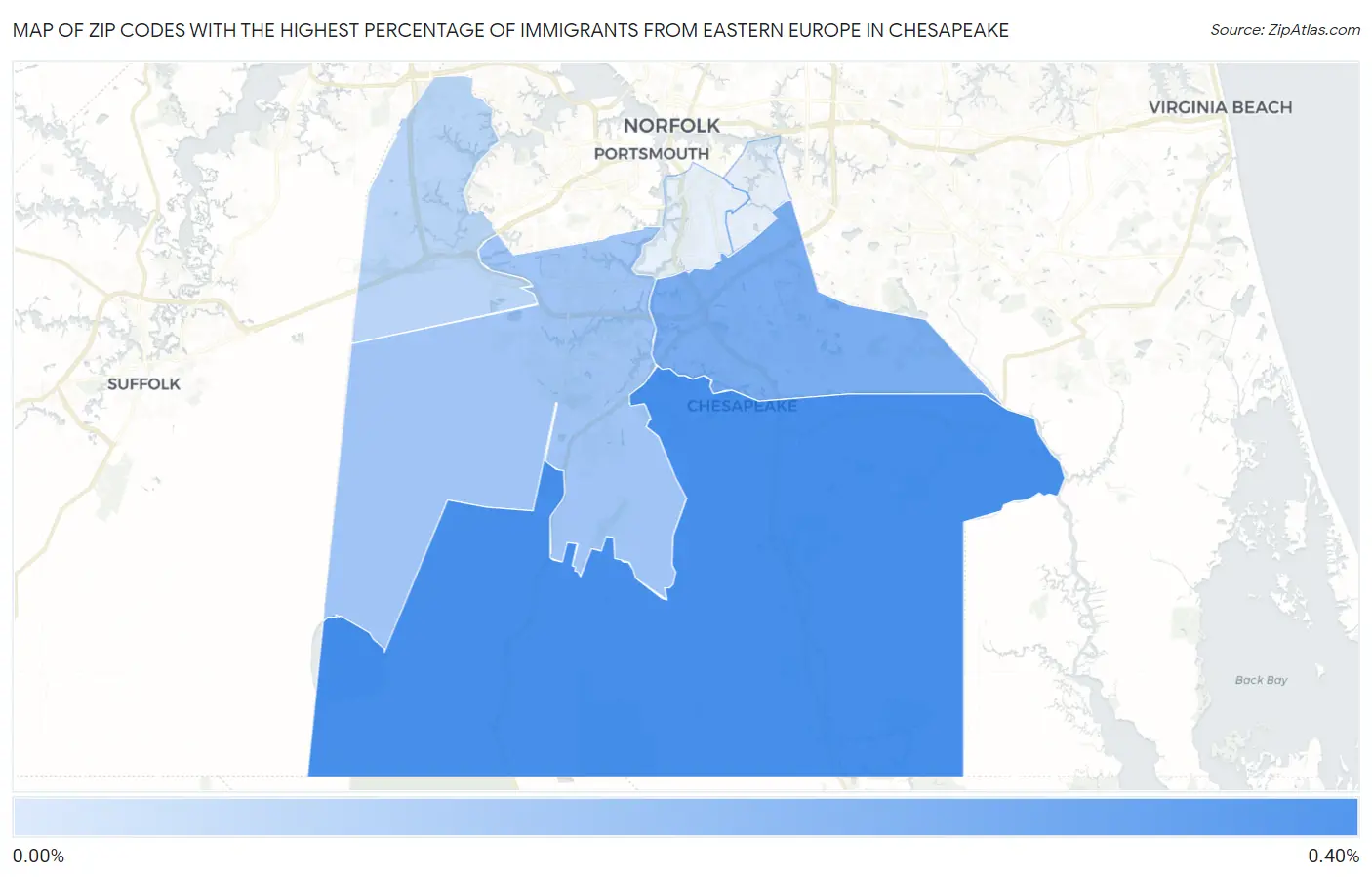 Zip Codes with the Highest Percentage of Immigrants from Eastern Europe in Chesapeake Map