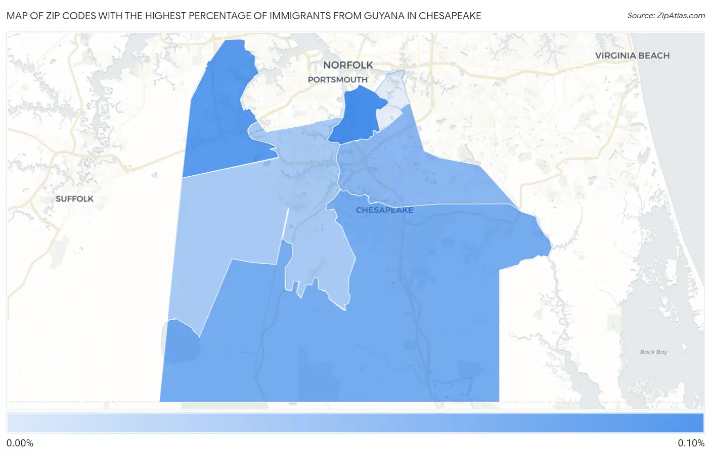 Zip Codes with the Highest Percentage of Immigrants from Guyana in Chesapeake Map
