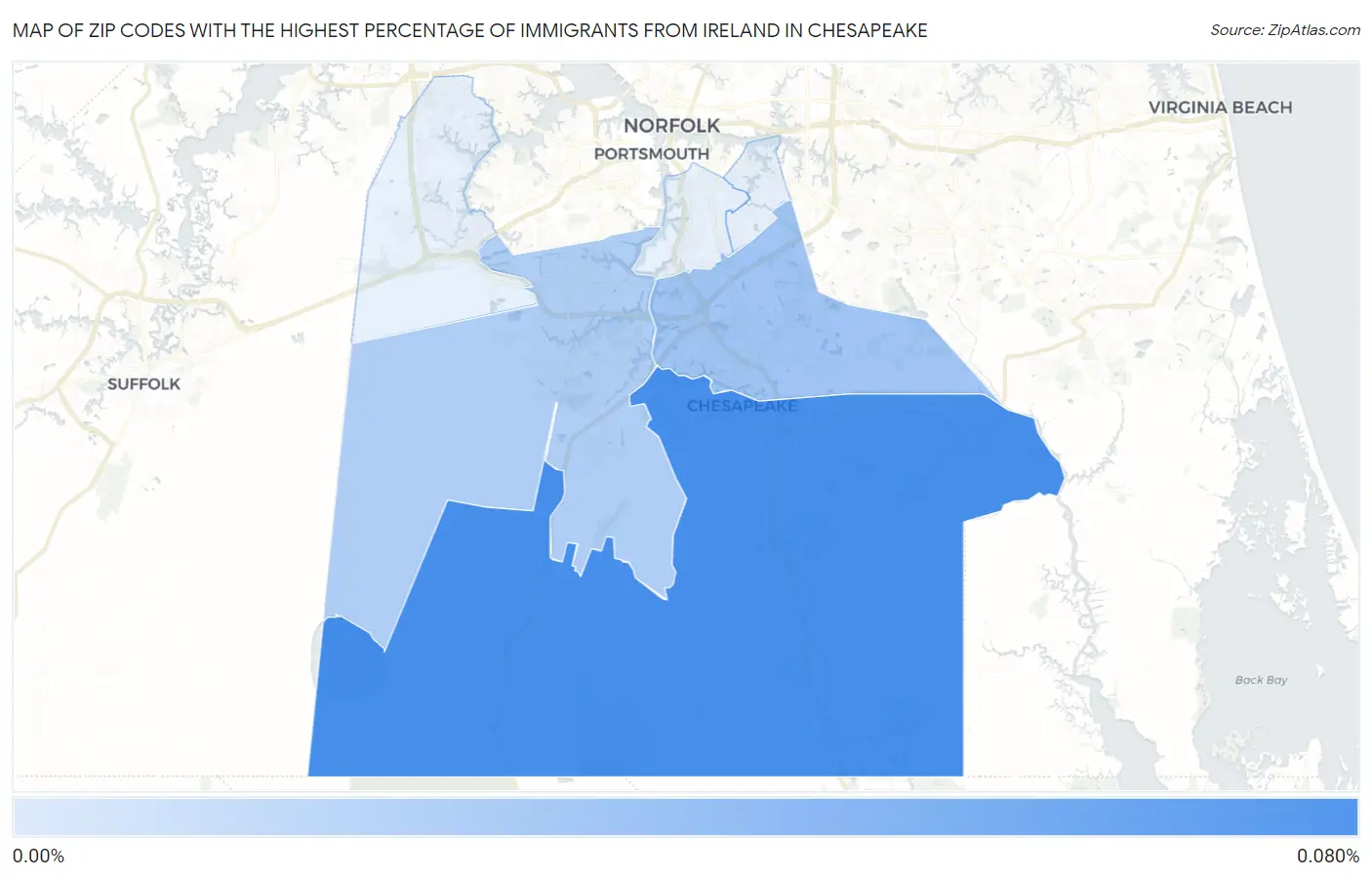 Zip Codes with the Highest Percentage of Immigrants from Ireland in Chesapeake Map