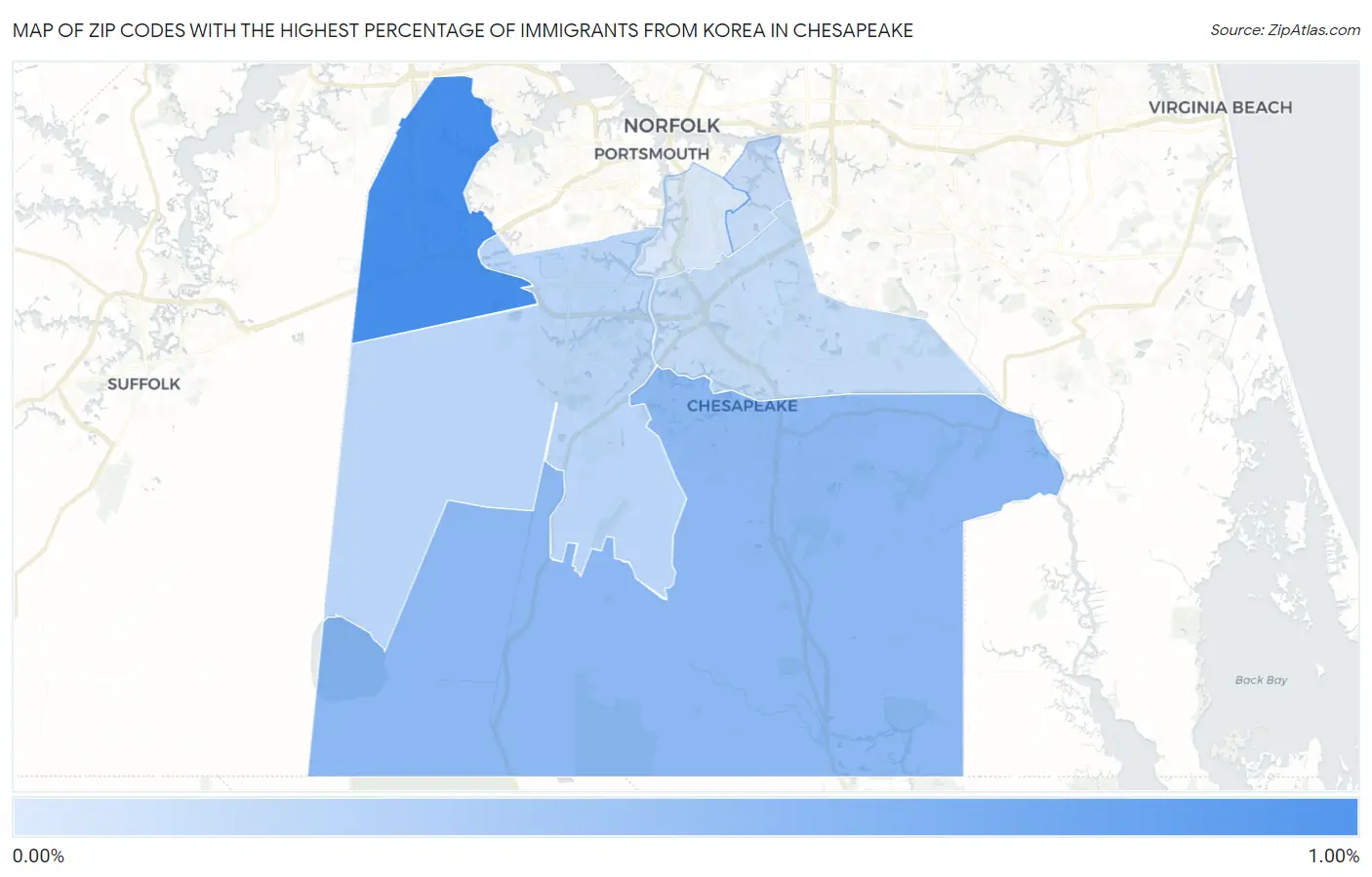 Zip Codes with the Highest Percentage of Immigrants from Korea in Chesapeake Map