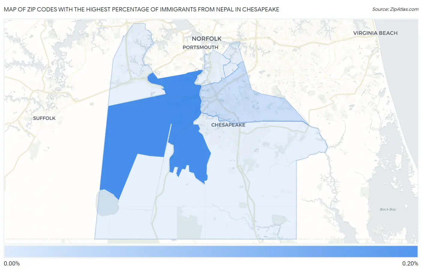 Zip Codes with the Highest Percentage of Immigrants from Nepal in Chesapeake Map