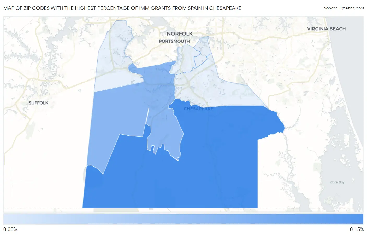 Zip Codes with the Highest Percentage of Immigrants from Spain in Chesapeake Map