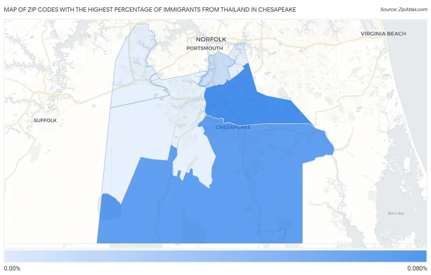 Zip Codes with the Highest Percentage of Immigrants from Thailand in Chesapeake Map