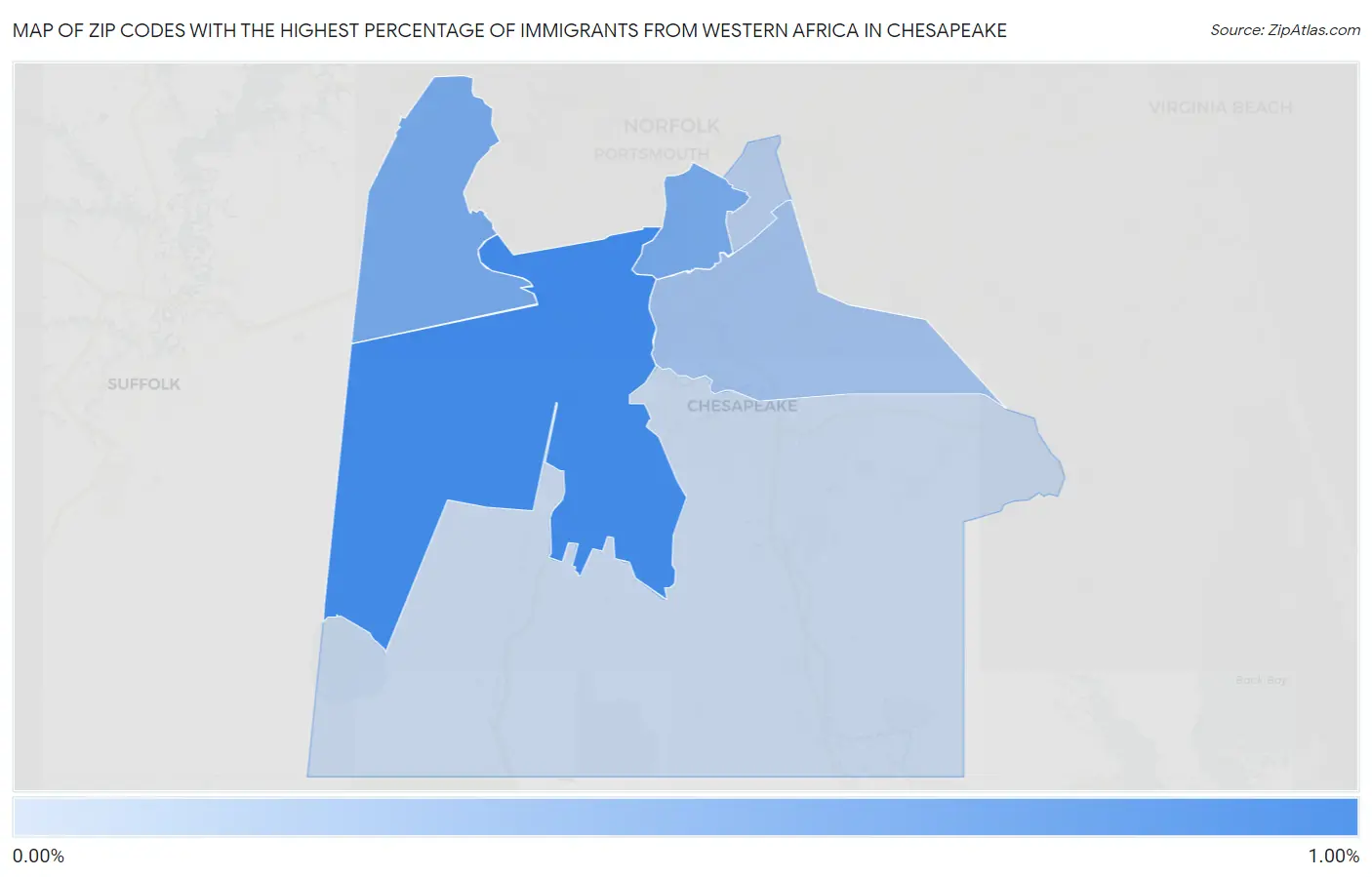 Zip Codes with the Highest Percentage of Immigrants from Western Africa in Chesapeake Map