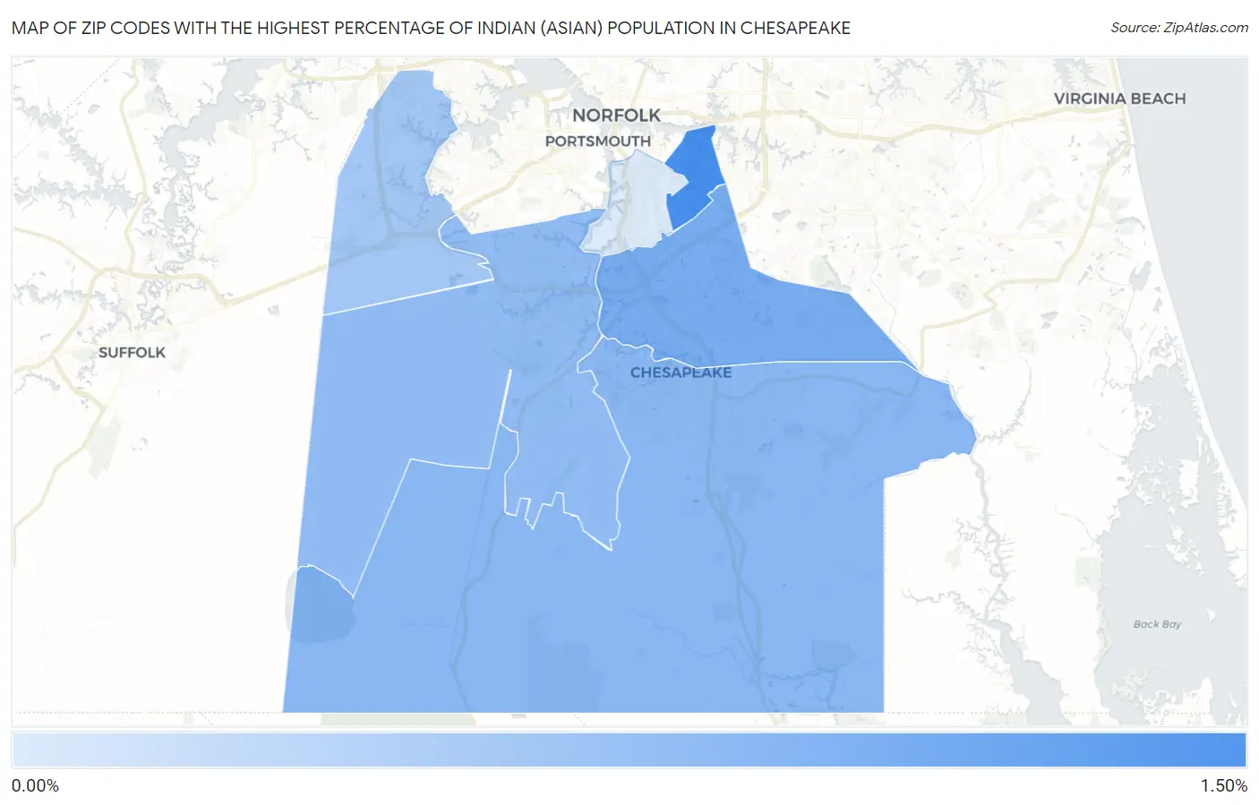 Zip Codes with the Highest Percentage of Indian (Asian) Population in Chesapeake Map