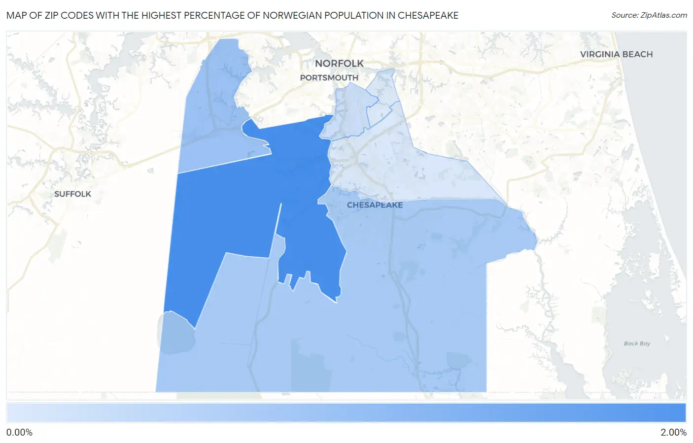 Zip Codes with the Highest Percentage of Norwegian Population in Chesapeake Map