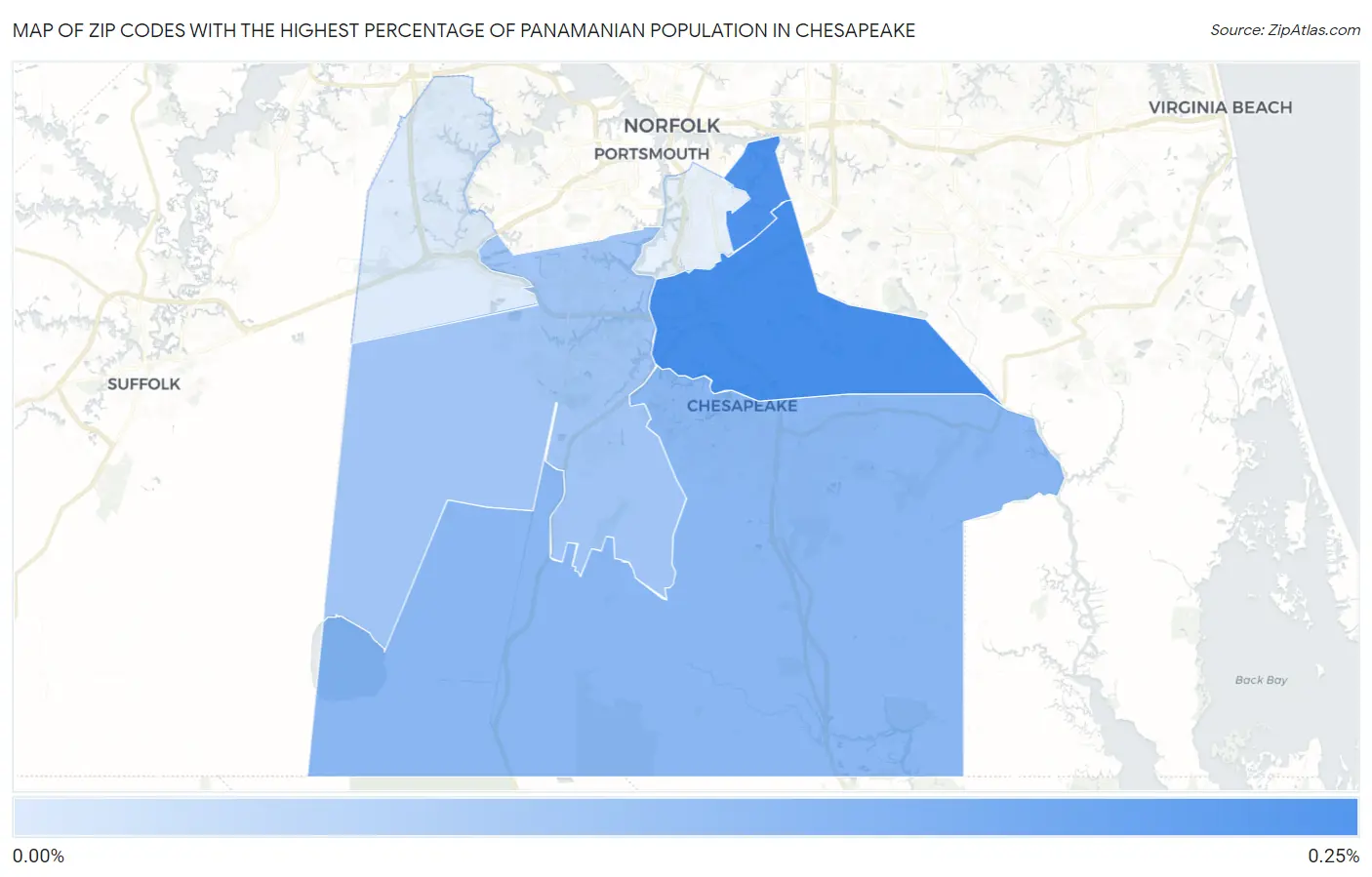 Zip Codes with the Highest Percentage of Panamanian Population in Chesapeake Map