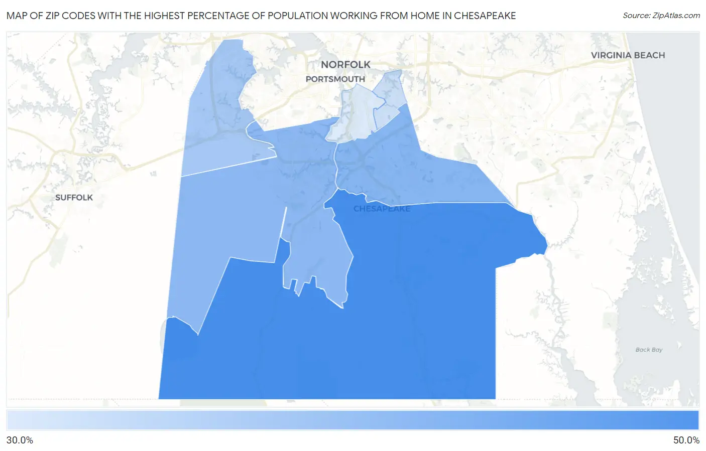 Zip Codes with the Highest Percentage of Population Working from Home in Chesapeake Map