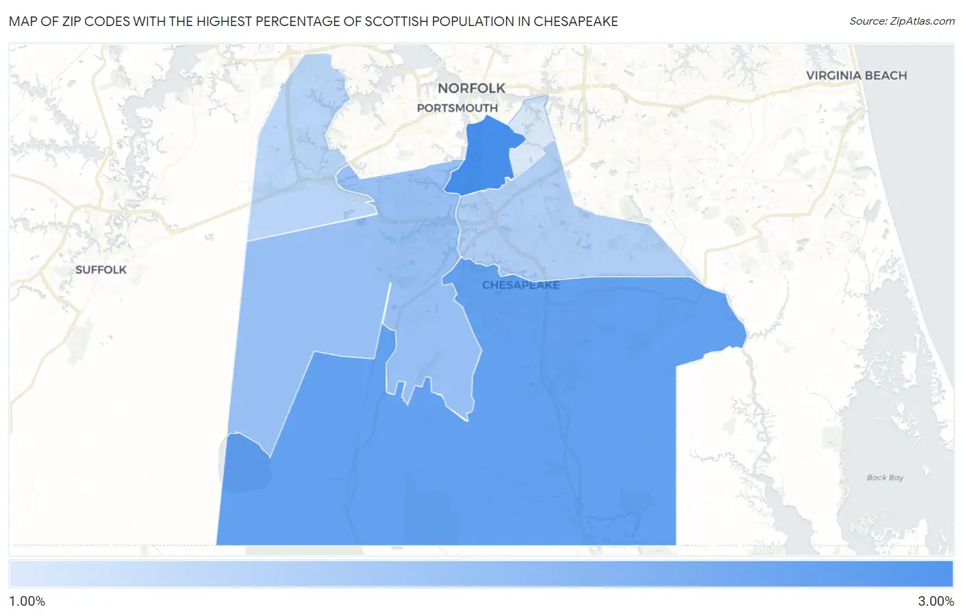 Zip Codes with the Highest Percentage of Scottish Population in Chesapeake Map