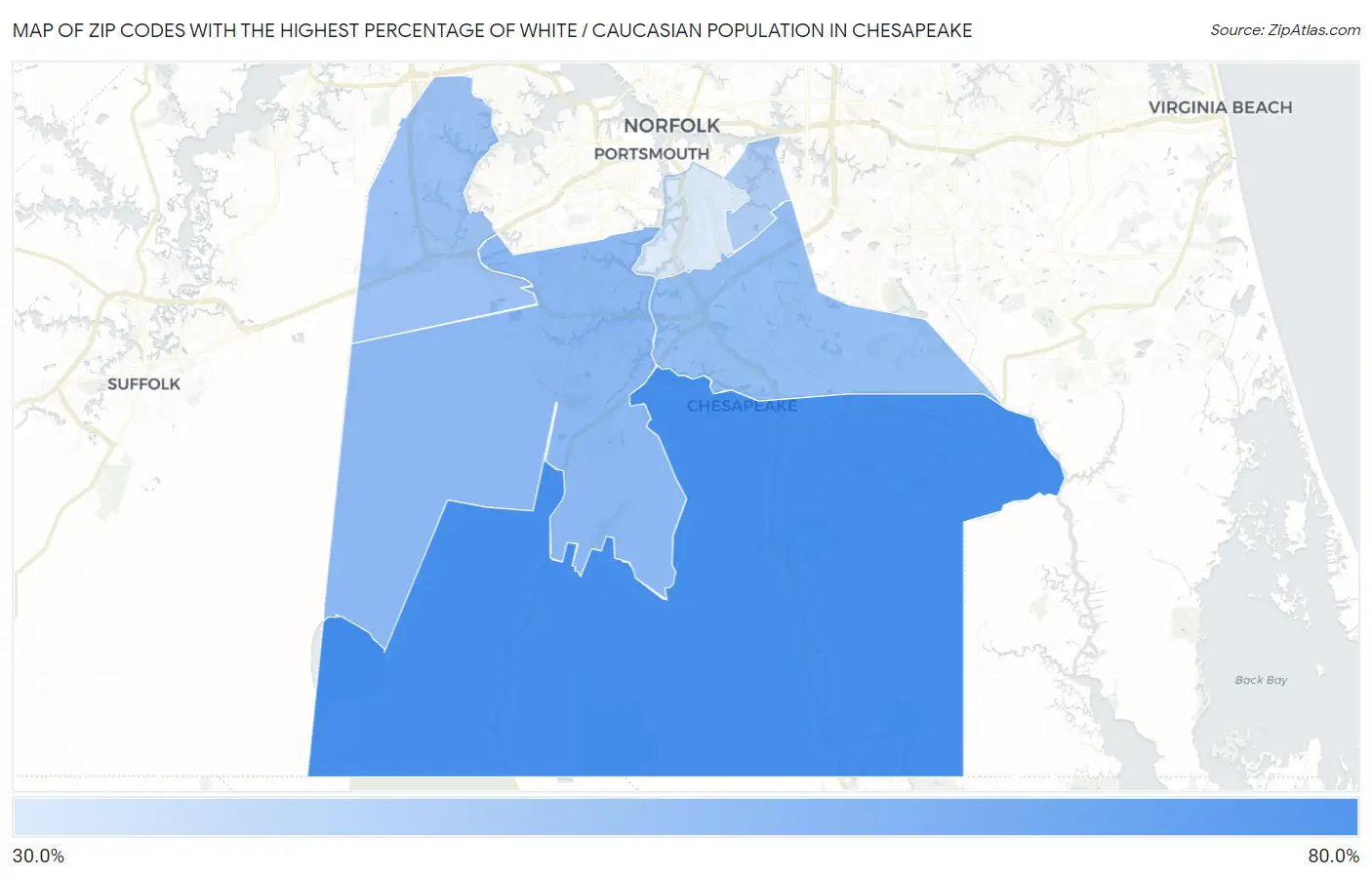 Zip Codes with the Highest Percentage of White / Caucasian Population in Chesapeake Map