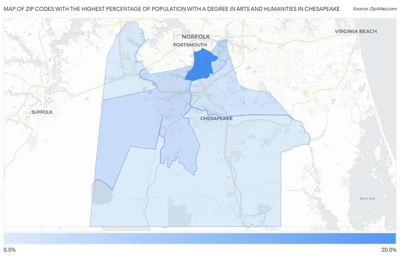 Zip Codes with the Highest Percentage of Population with a Degree in Arts and Humanities in Chesapeake Map