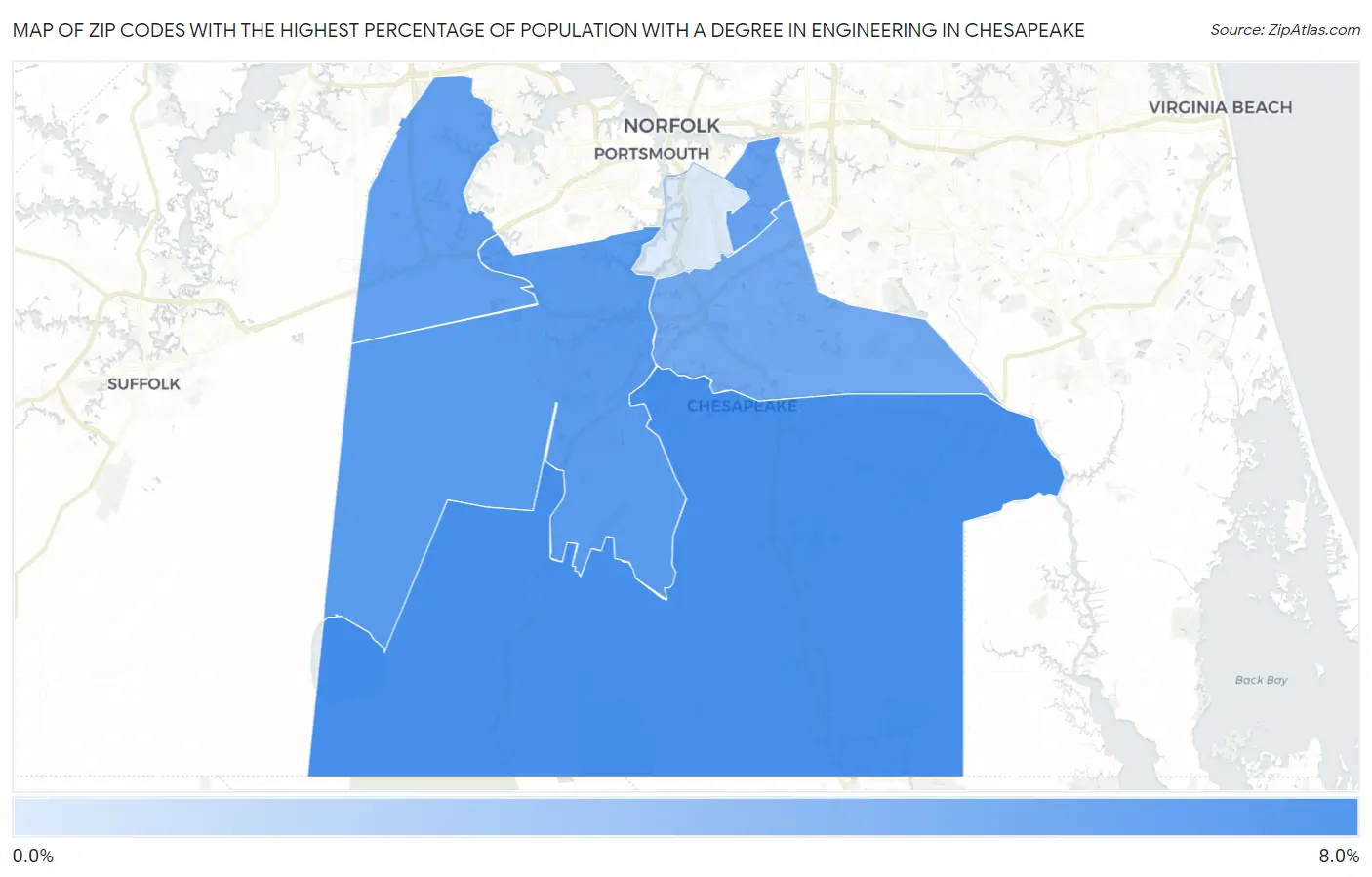 Zip Codes with the Highest Percentage of Population with a Degree in Engineering in Chesapeake Map