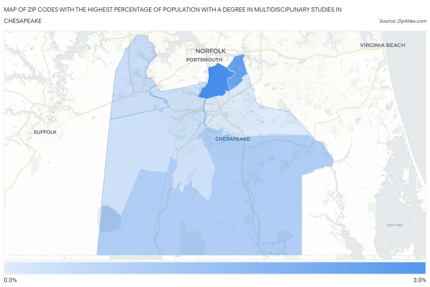 Zip Codes with the Highest Percentage of Population with a Degree in Multidisciplinary Studies in Chesapeake Map