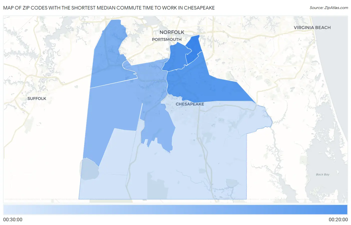 Zip Codes with the Shortest Median Commute Time to Work in Chesapeake Map
