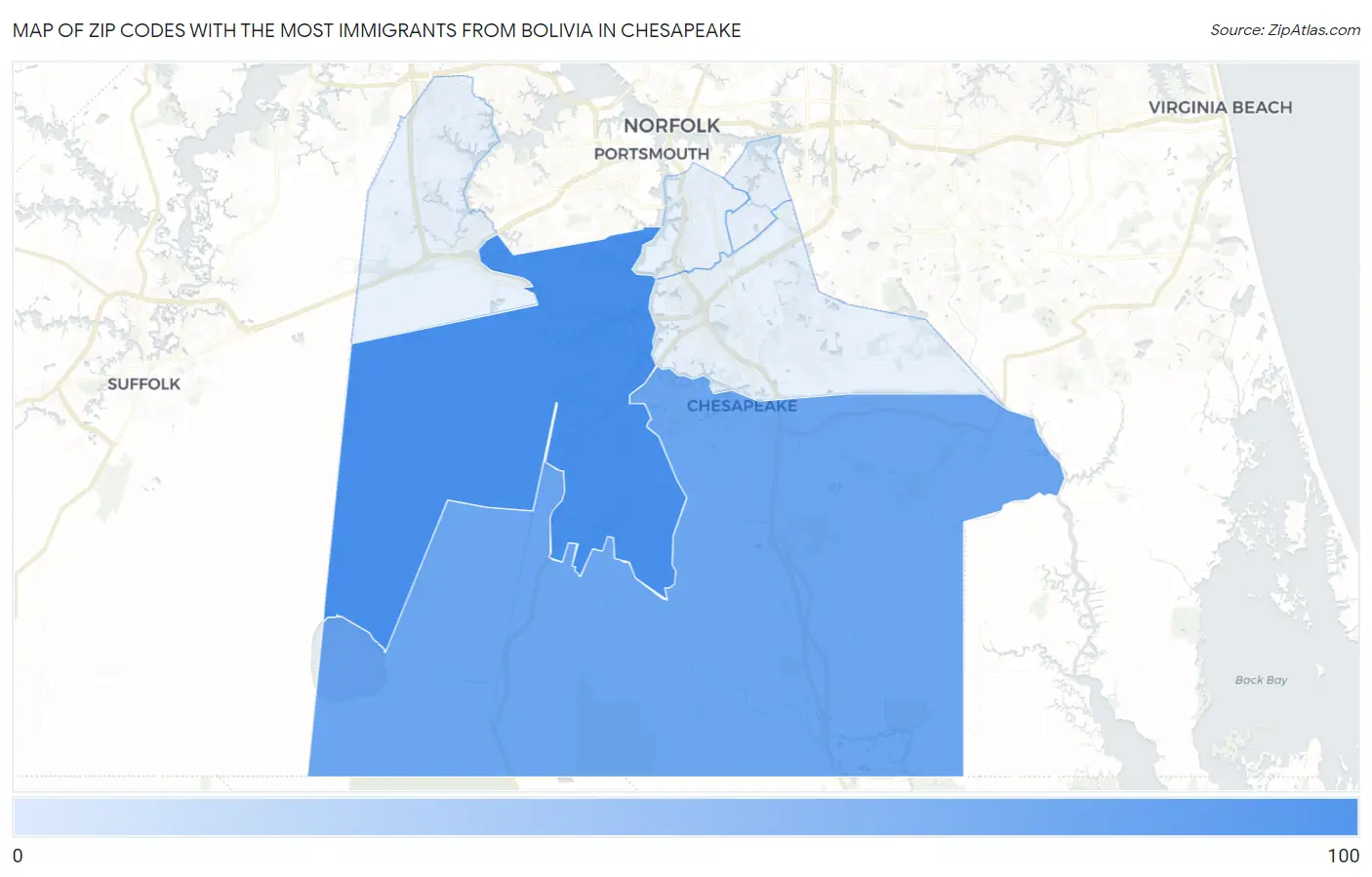 Zip Codes with the Most Immigrants from Bolivia in Chesapeake Map