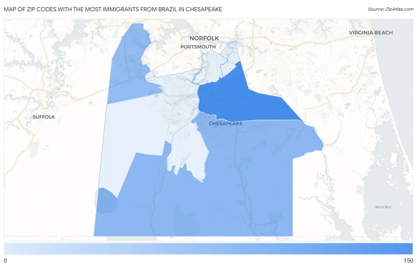 Zip Codes with the Most Immigrants from Brazil in Chesapeake Map