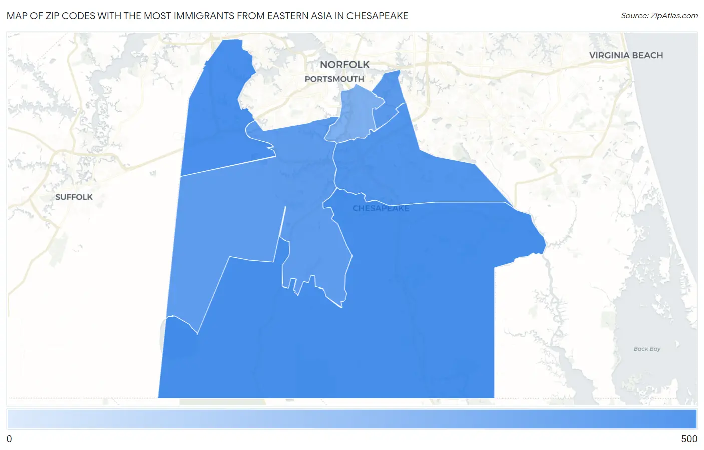 Zip Codes with the Most Immigrants from Eastern Asia in Chesapeake Map