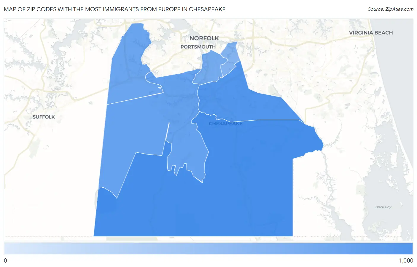 Zip Codes with the Most Immigrants from Europe in Chesapeake Map