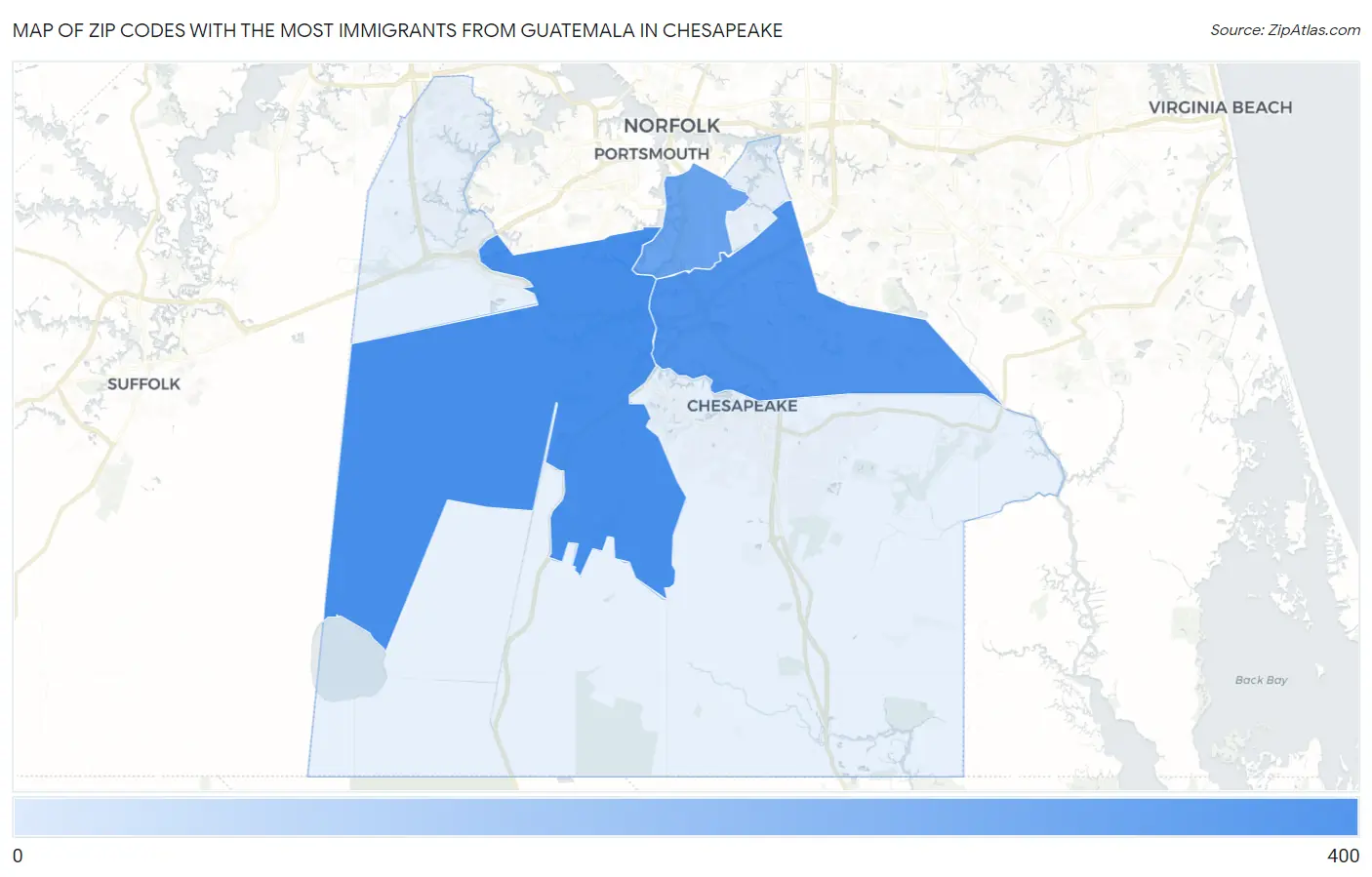 Zip Codes with the Most Immigrants from Guatemala in Chesapeake Map