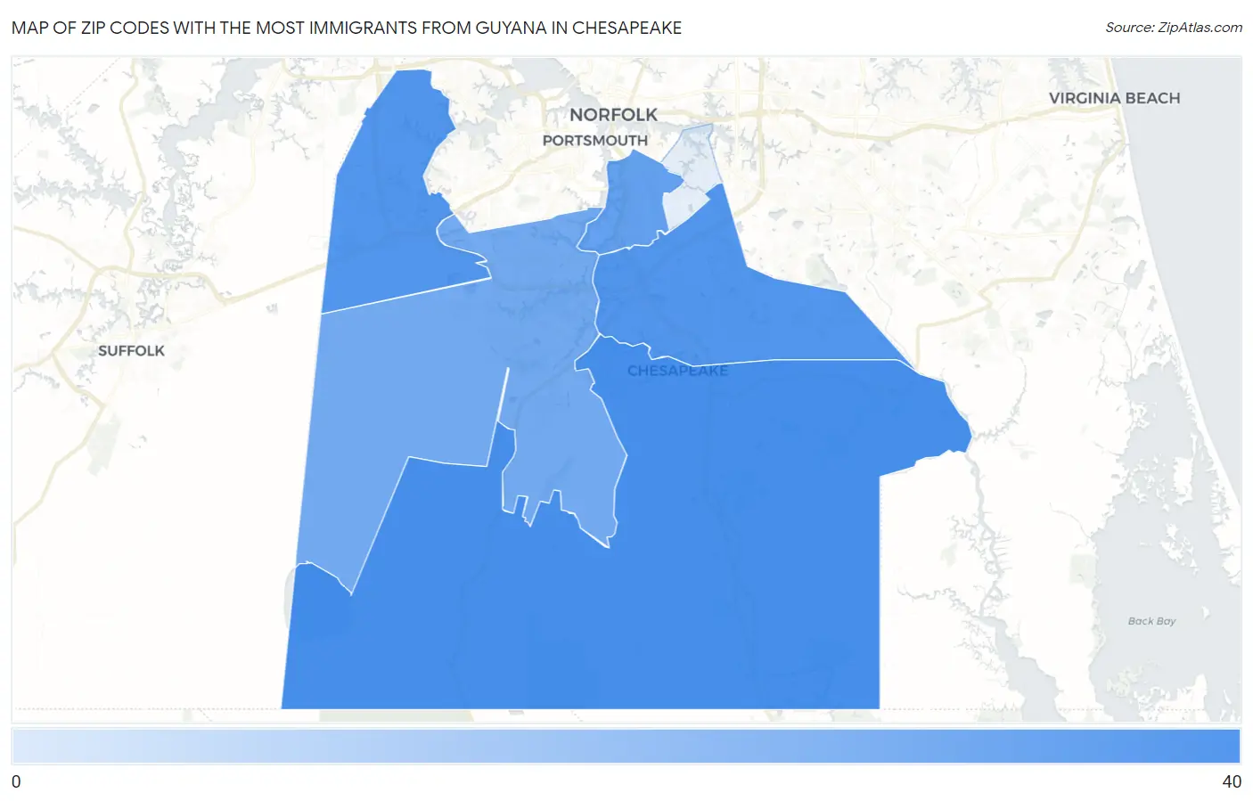 Zip Codes with the Most Immigrants from Guyana in Chesapeake Map