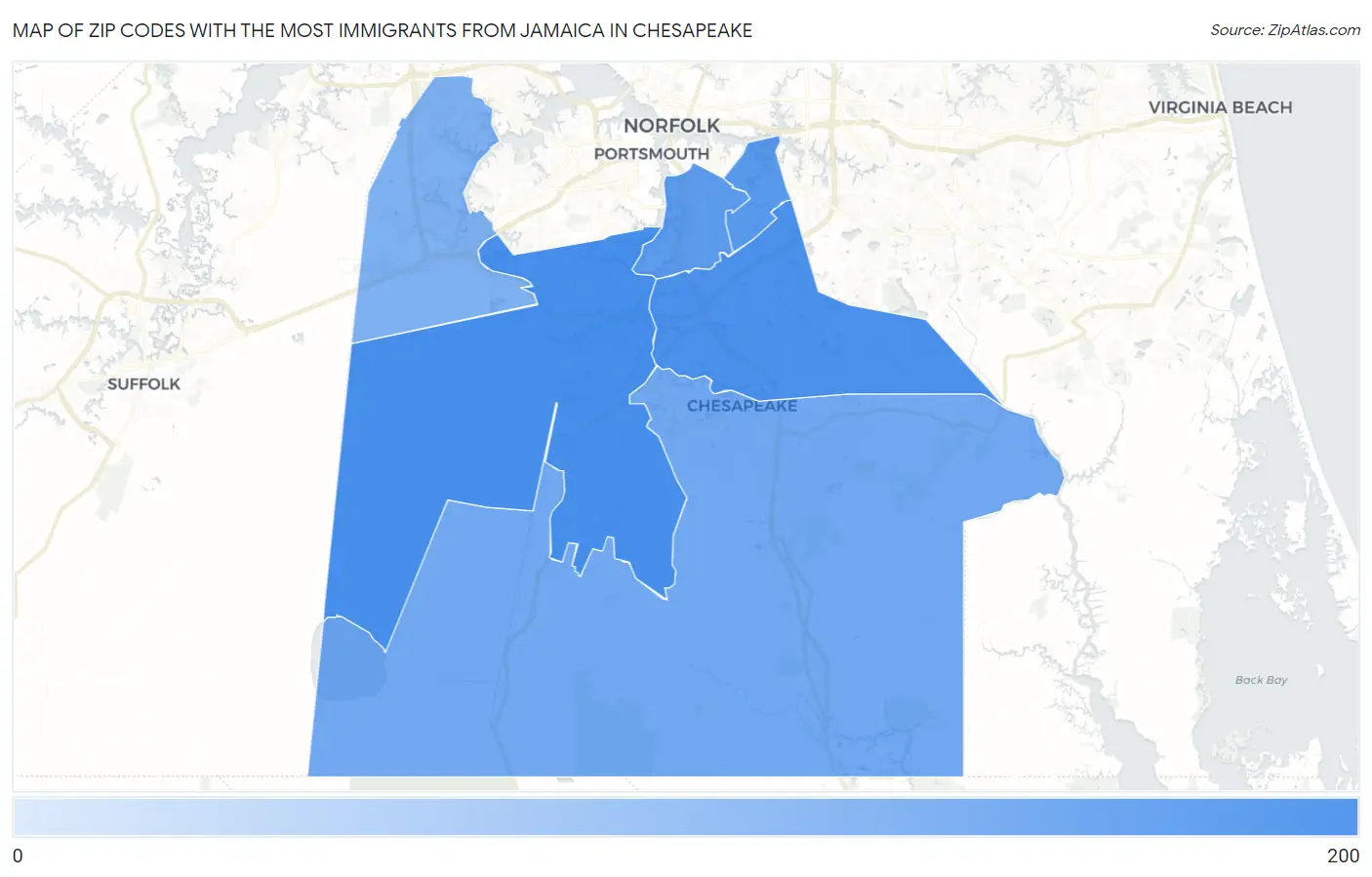 Zip Codes with the Most Immigrants from Jamaica in Chesapeake Map