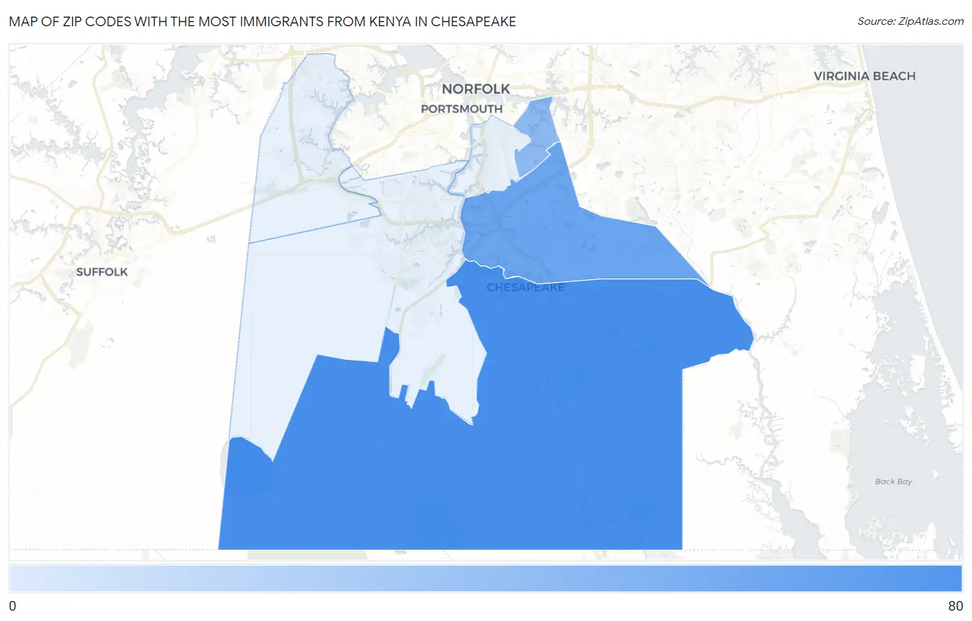 Zip Codes with the Most Immigrants from Kenya in Chesapeake Map