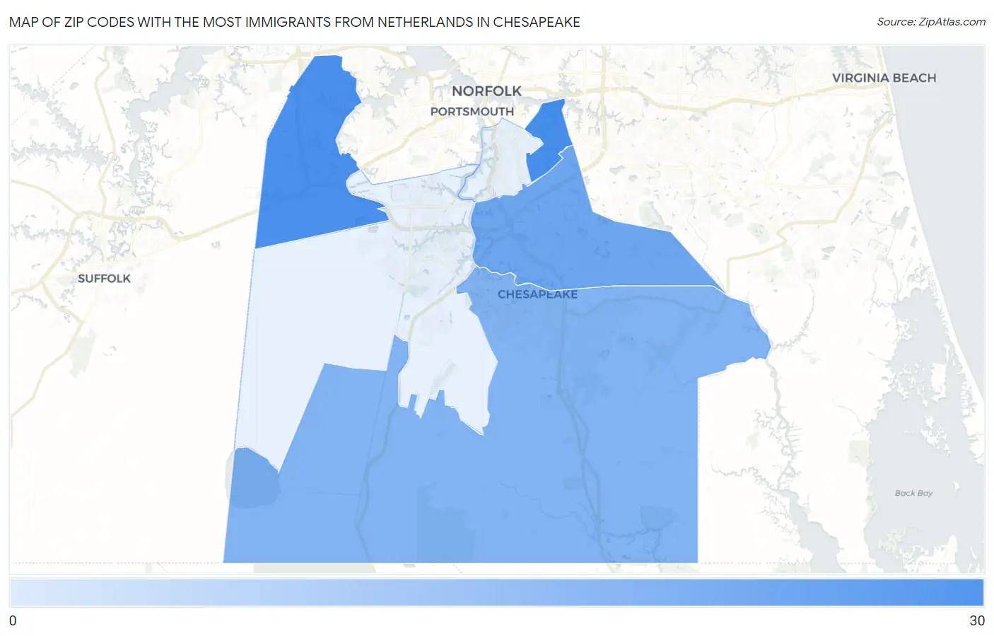 Zip Codes with the Most Immigrants from Netherlands in Chesapeake Map