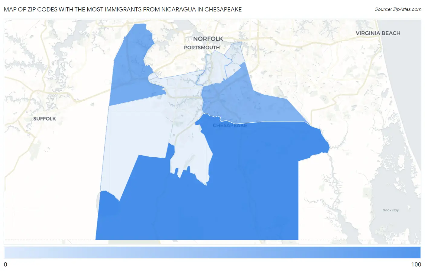 Zip Codes with the Most Immigrants from Nicaragua in Chesapeake Map