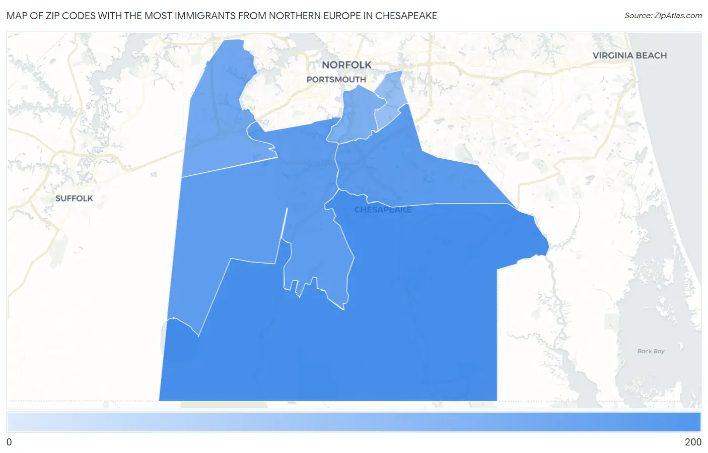 Zip Codes with the Most Immigrants from Northern Europe in Chesapeake Map
