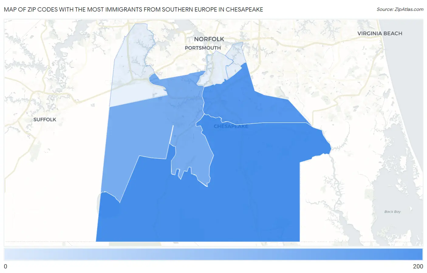 Zip Codes with the Most Immigrants from Southern Europe in Chesapeake Map