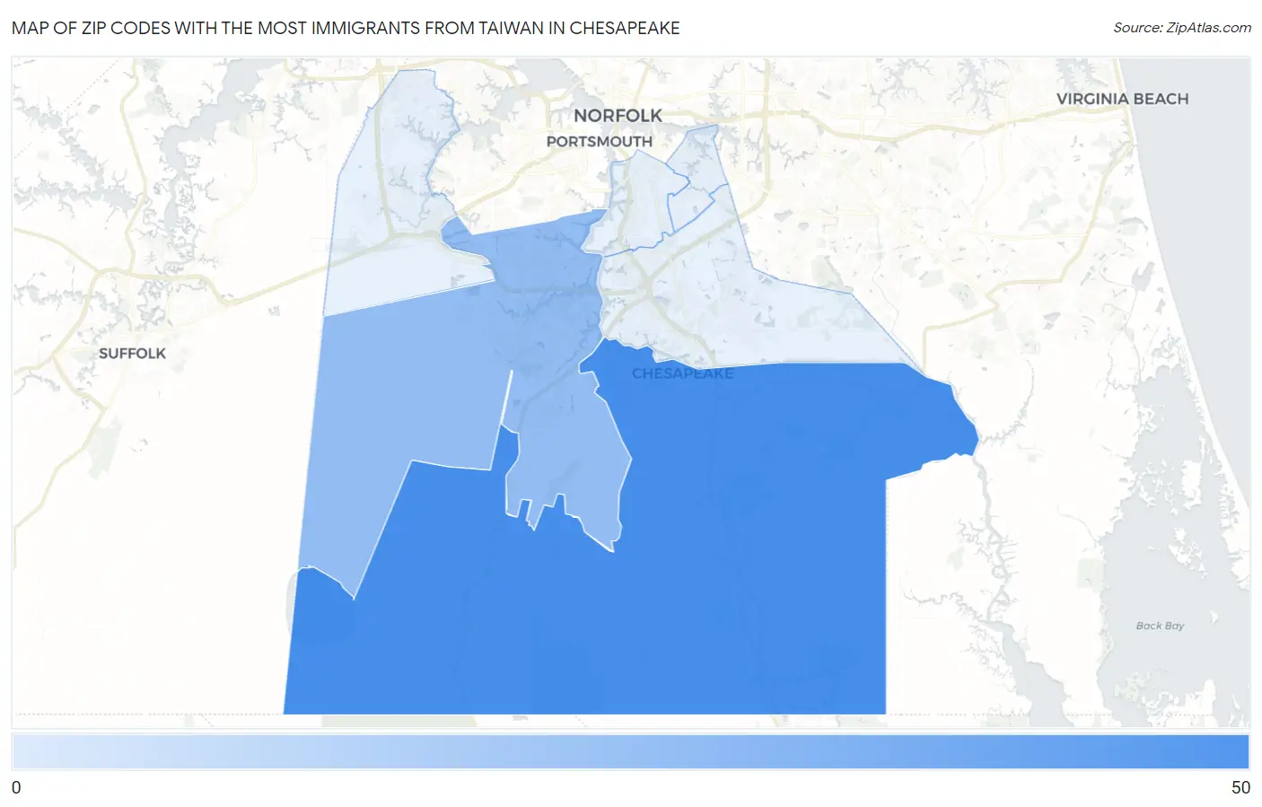 Zip Codes with the Most Immigrants from Taiwan in Chesapeake Map