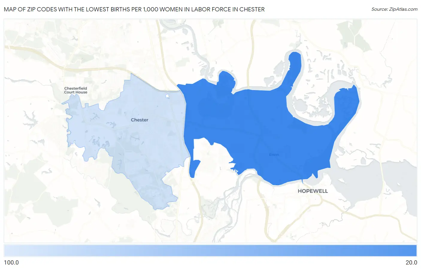 Zip Codes with the Lowest Births per 1,000 Women in Labor Force in Chester Map