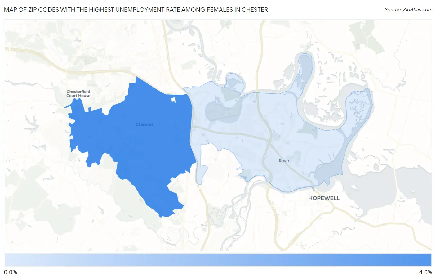 Zip Codes with the Highest Unemployment Rate Among Females in Chester Map