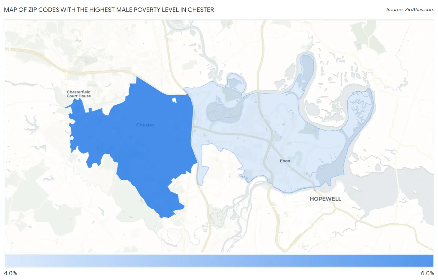 Zip Codes with the Highest Male Poverty Level in Chester Map