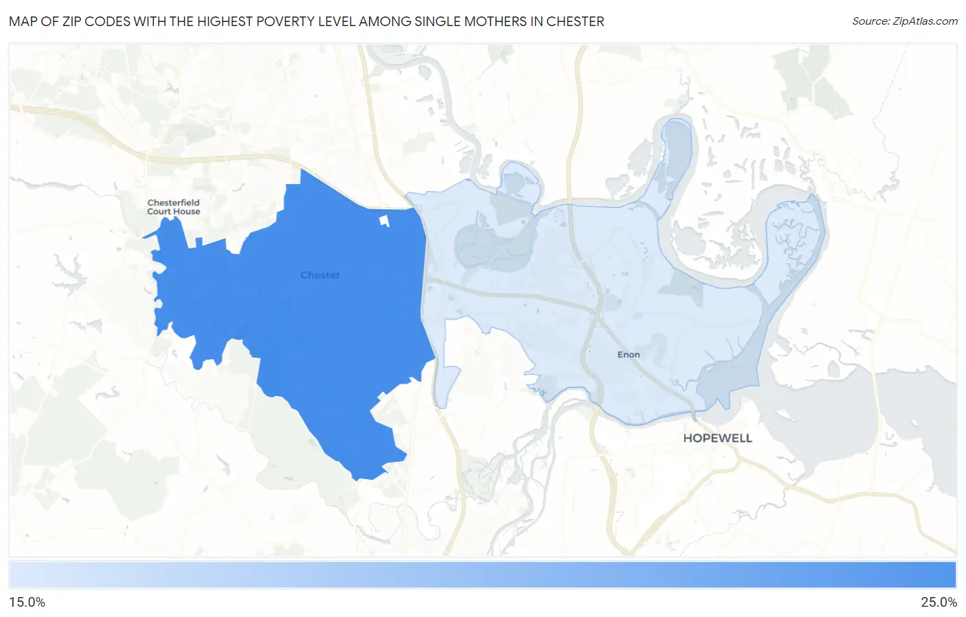 Zip Codes with the Highest Poverty Level Among Single Mothers in Chester Map