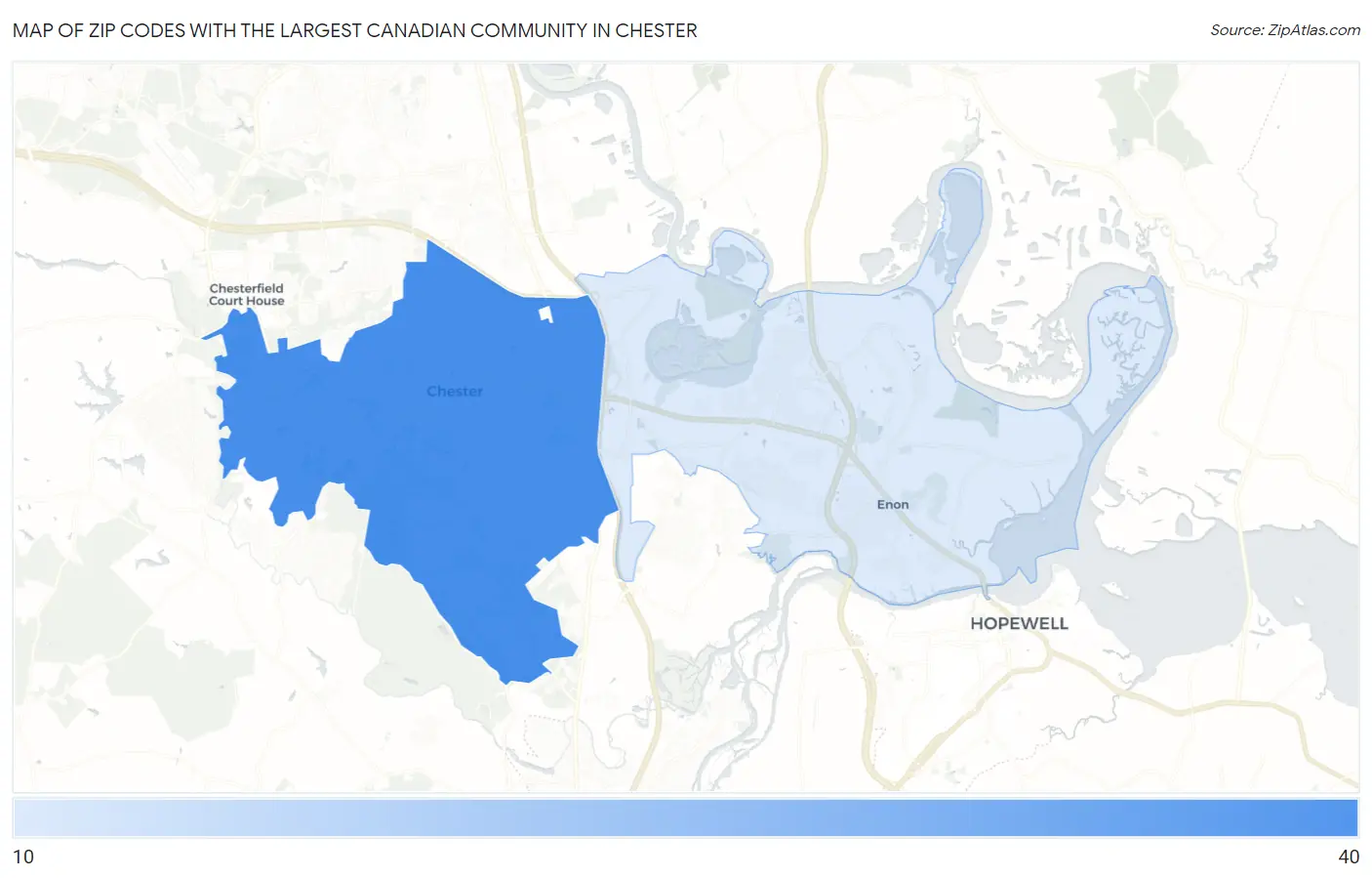 Zip Codes with the Largest Canadian Community in Chester Map