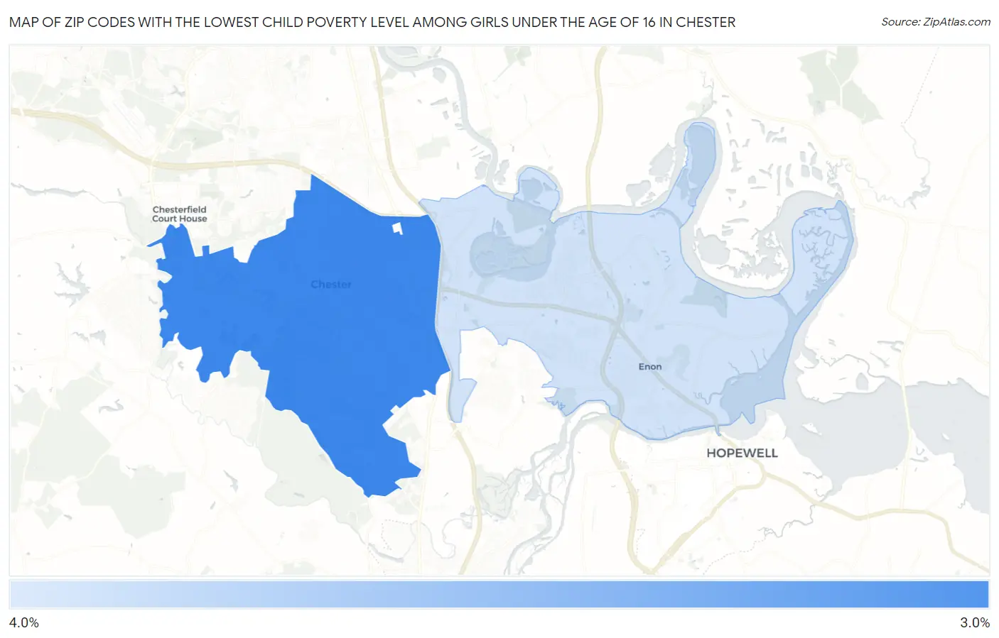 Zip Codes with the Lowest Child Poverty Level Among Girls Under the Age of 16 in Chester Map