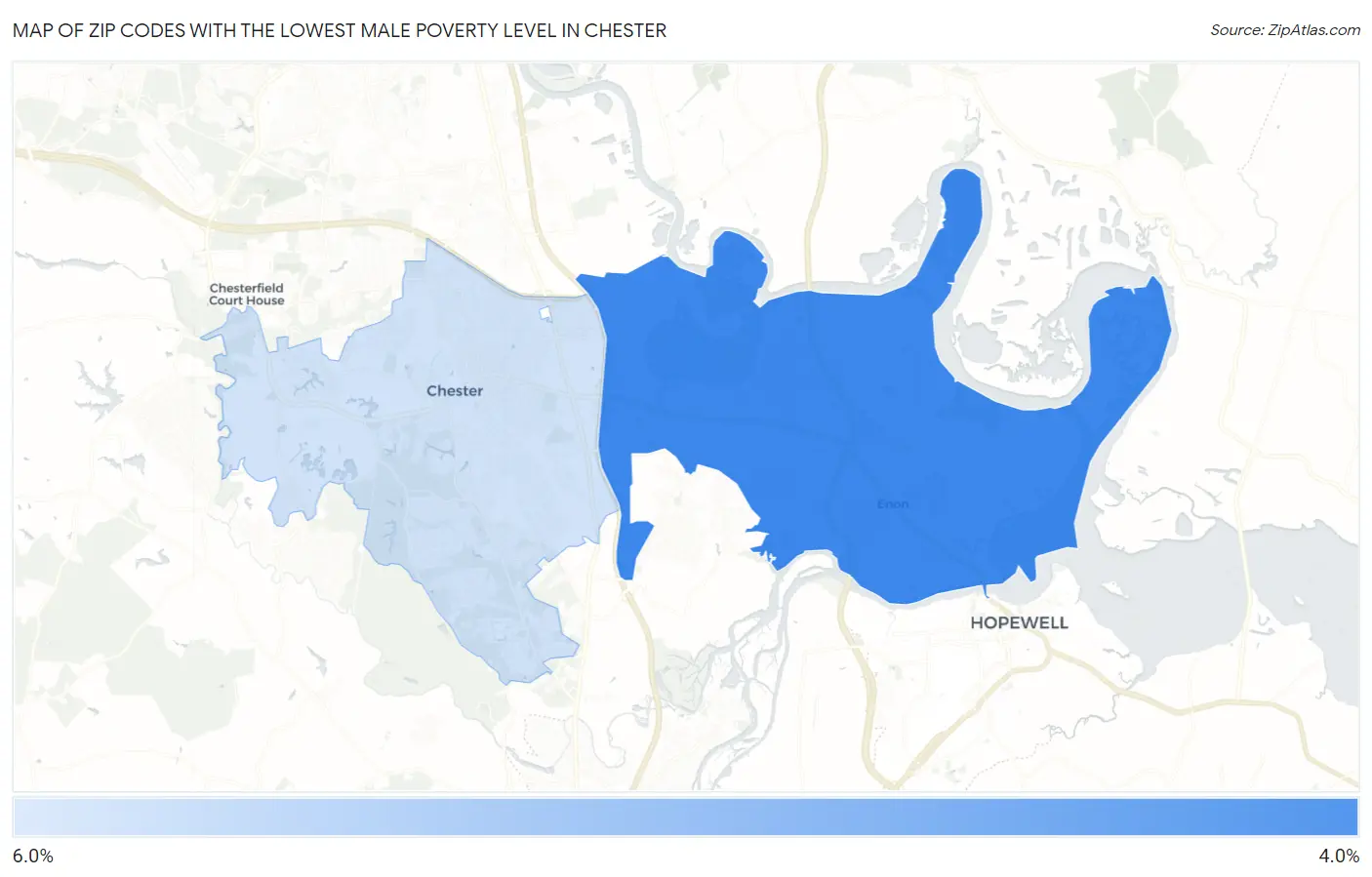 Zip Codes with the Lowest Male Poverty Level in Chester Map