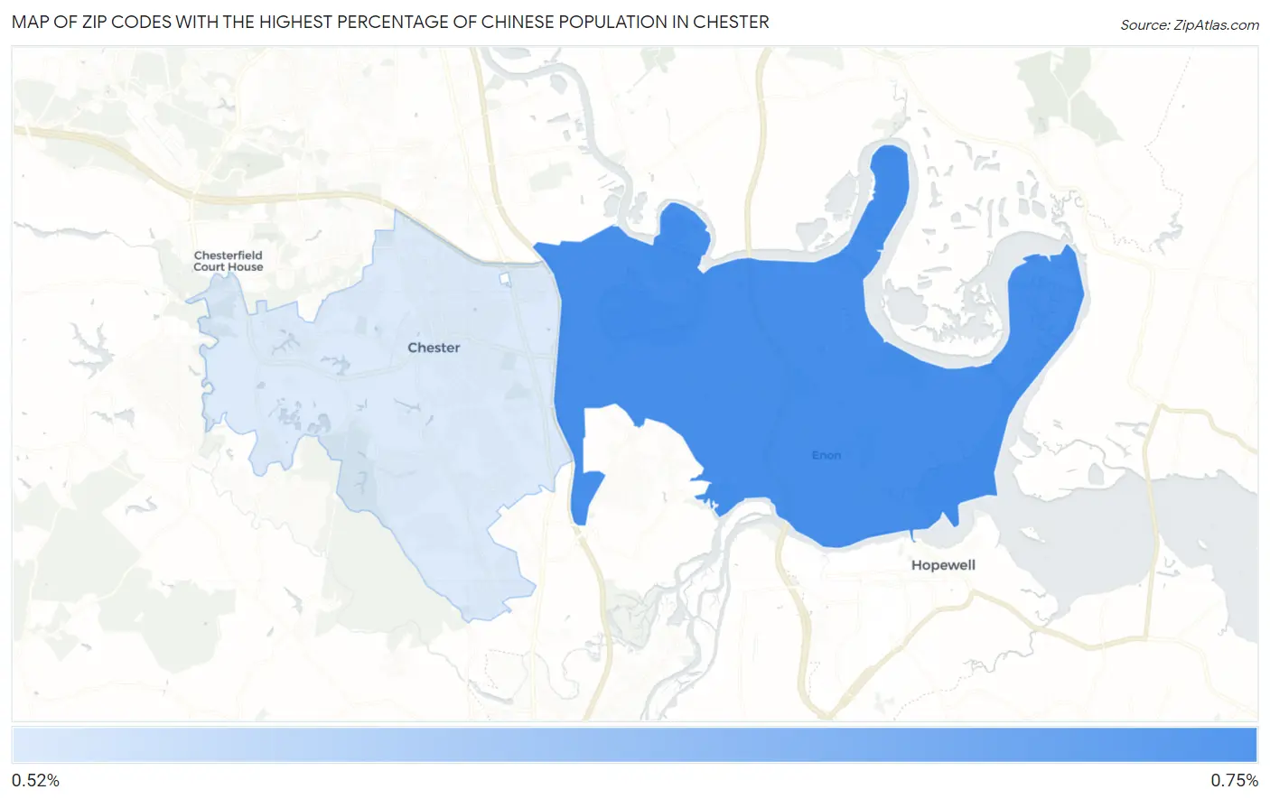 Zip Codes with the Highest Percentage of Chinese Population in Chester Map