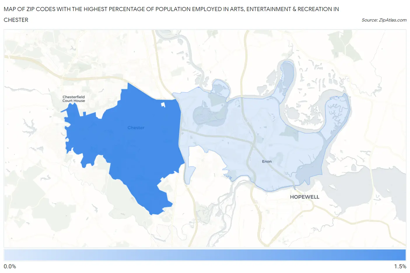 Zip Codes with the Highest Percentage of Population Employed in Arts, Entertainment & Recreation in Chester Map