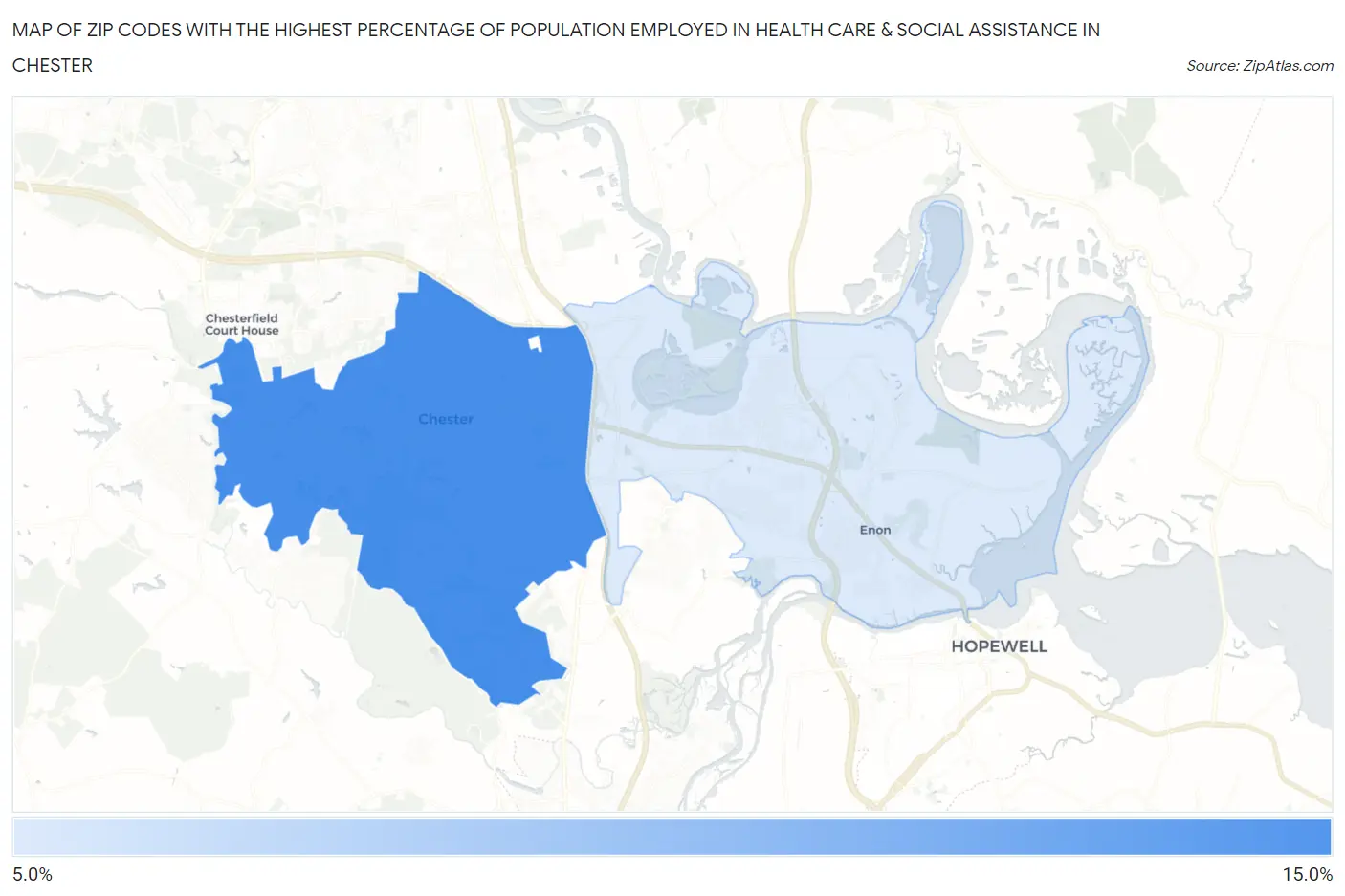 Zip Codes with the Highest Percentage of Population Employed in Health Care & Social Assistance in Chester Map