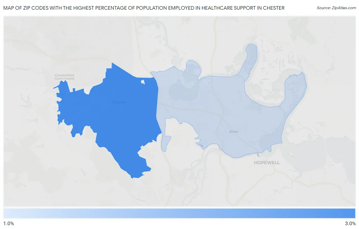 Zip Codes with the Highest Percentage of Population Employed in Healthcare Support in Chester Map