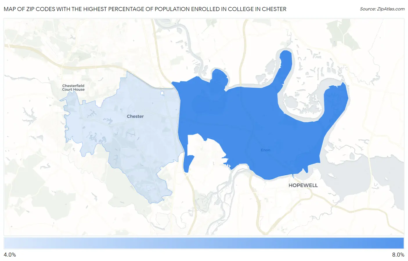Zip Codes with the Highest Percentage of Population Enrolled in College in Chester Map