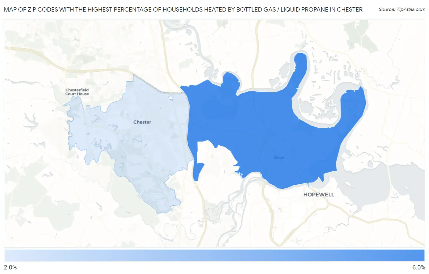 Zip Codes with the Highest Percentage of Households Heated by Bottled Gas / Liquid Propane in Chester Map