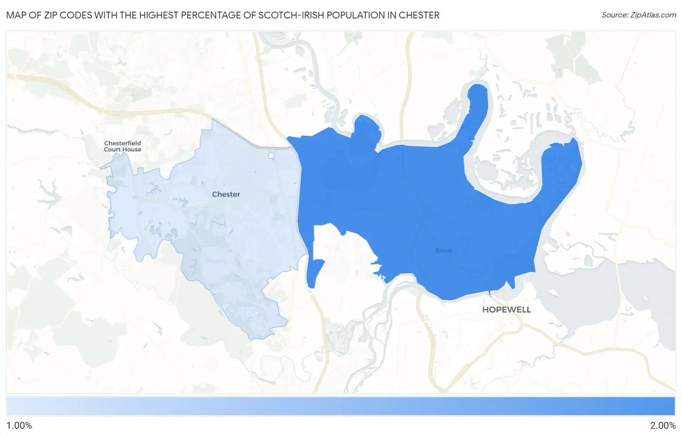 Zip Codes with the Highest Percentage of Scotch-Irish Population in Chester Map