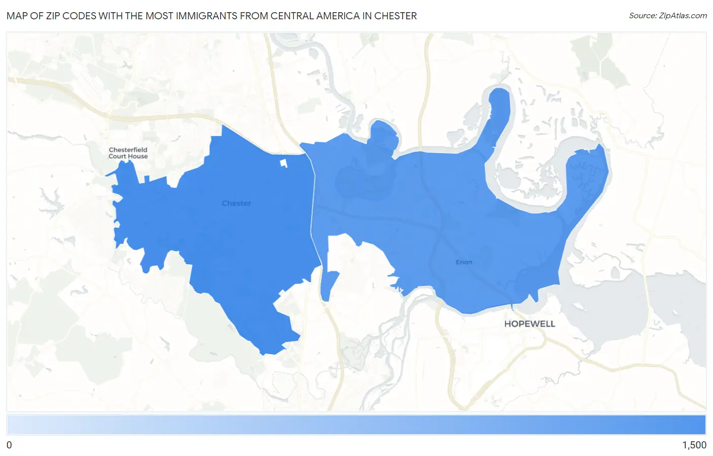 Zip Codes with the Most Immigrants from Central America in Chester Map